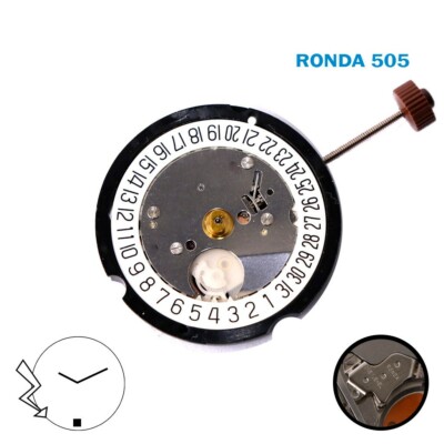 RONDA 505 SWISS🇨🇭 Made Quartz Movement ,White Date Disk at 6 ,3