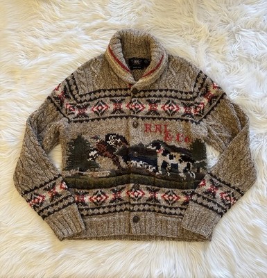 RRL Double RL Ralph Lauren New Hand Knit Cardigan Sweater Hunting