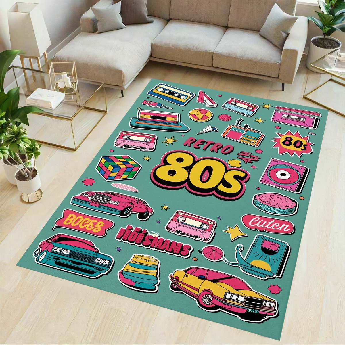 80s retro rug, retro rug, record rug, music rug, car rug, cassette