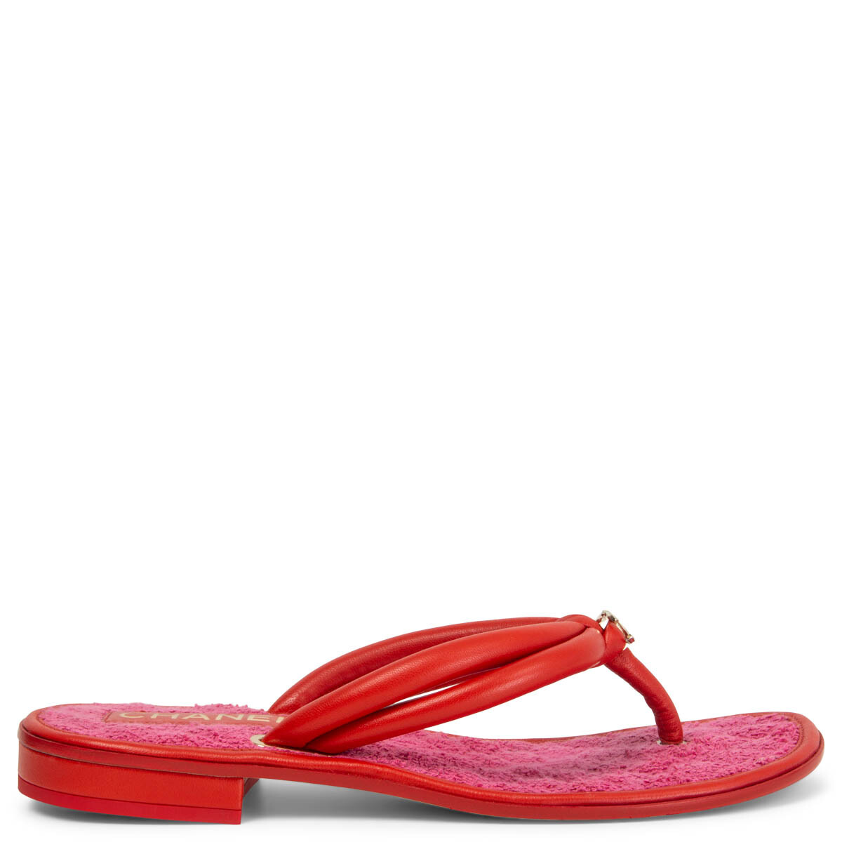 65783 auth CHANEL red leather & pink TERRY CLOTH FLAT THONG