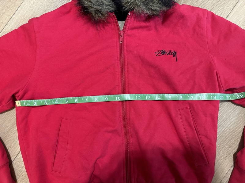 Stussy Women Red Hoodie Full Zip Lined Jacket Faux Fur Removable