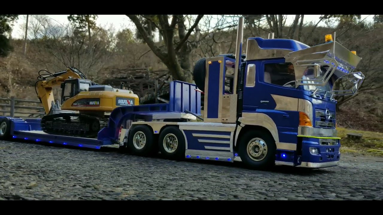 ラジコン タミヤ1/14 プロフィア！トレーラー！ユンボ運搬！ - YouTube