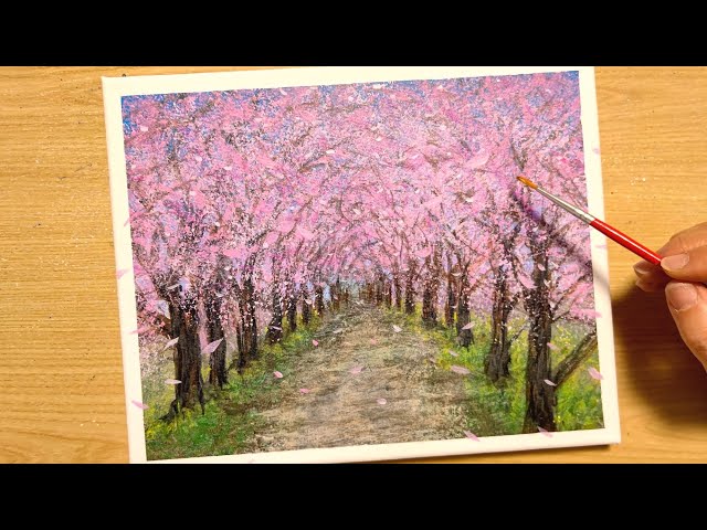 How to draw a row of cherry blossom trees with acrylic paint / for