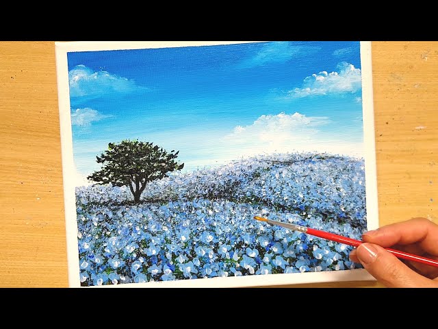 How to draw [Nemophila field] with acrylic paint /Simple acrylic