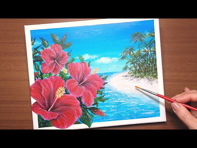 How to draw [Hibiscus] with acrylic paint / Tropical island and
