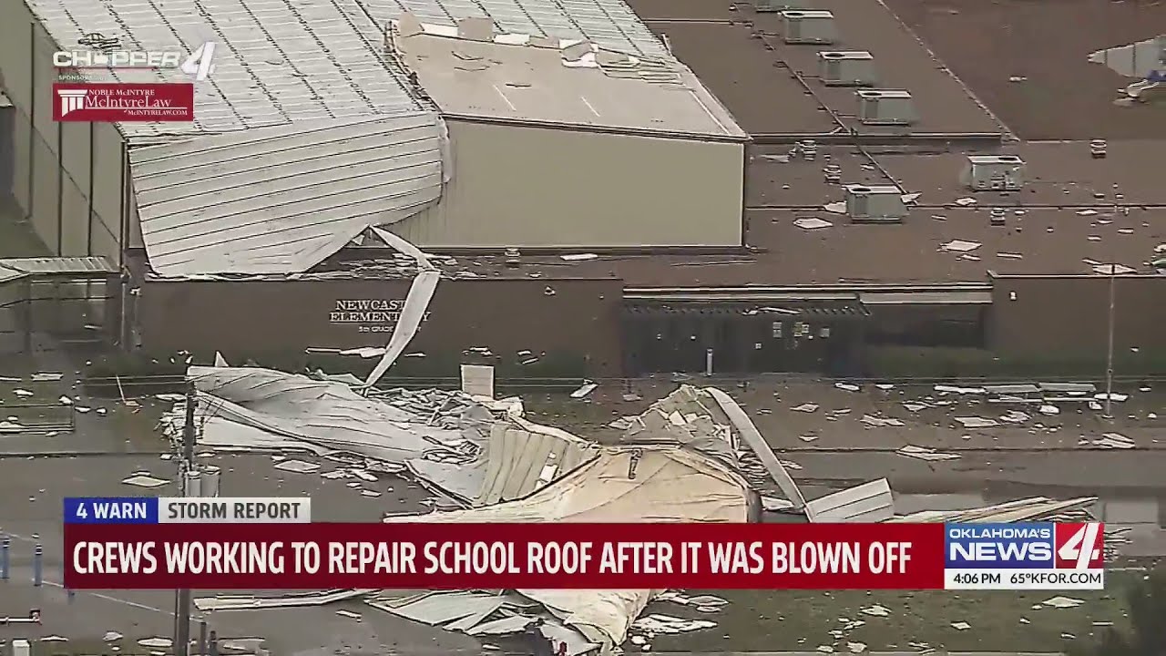 Crews working to repair school roof after it was blown off - YouTube