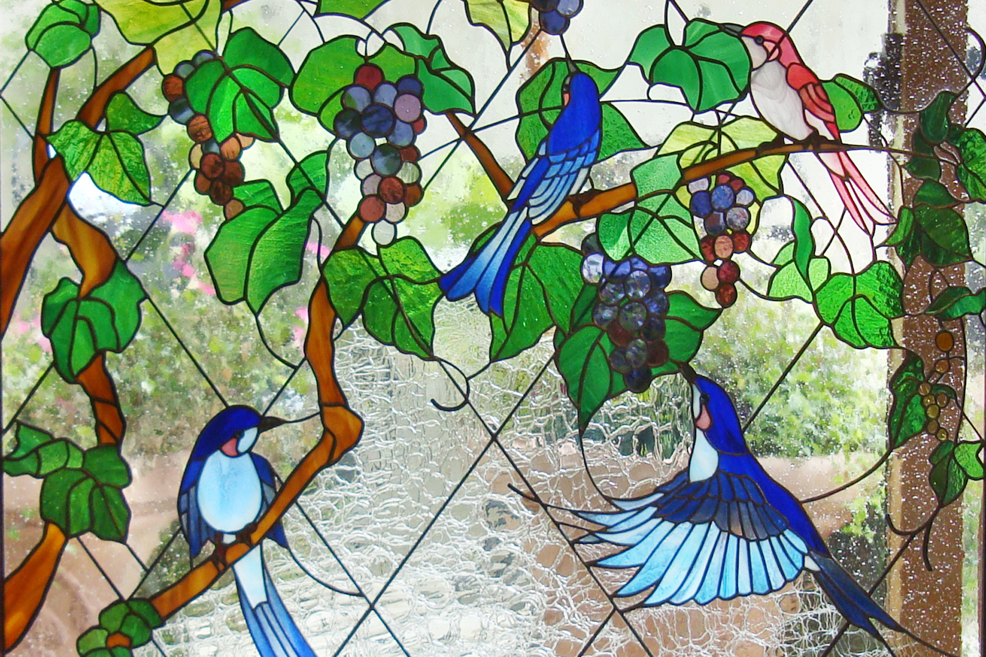 鳥と葡萄のステンドグラスパネル衝立 | ステンドグラス アトリエ ソンテ