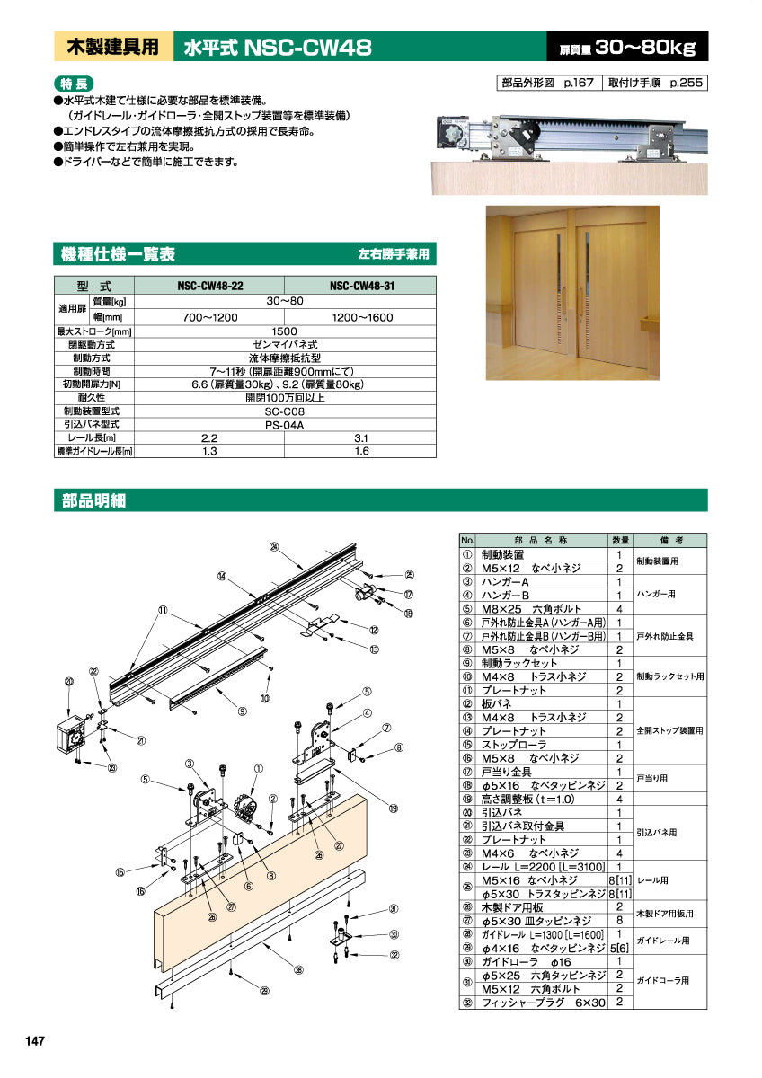 NSC-CW48（水平式・木製建具用）｜スライディングクローザー製品一式