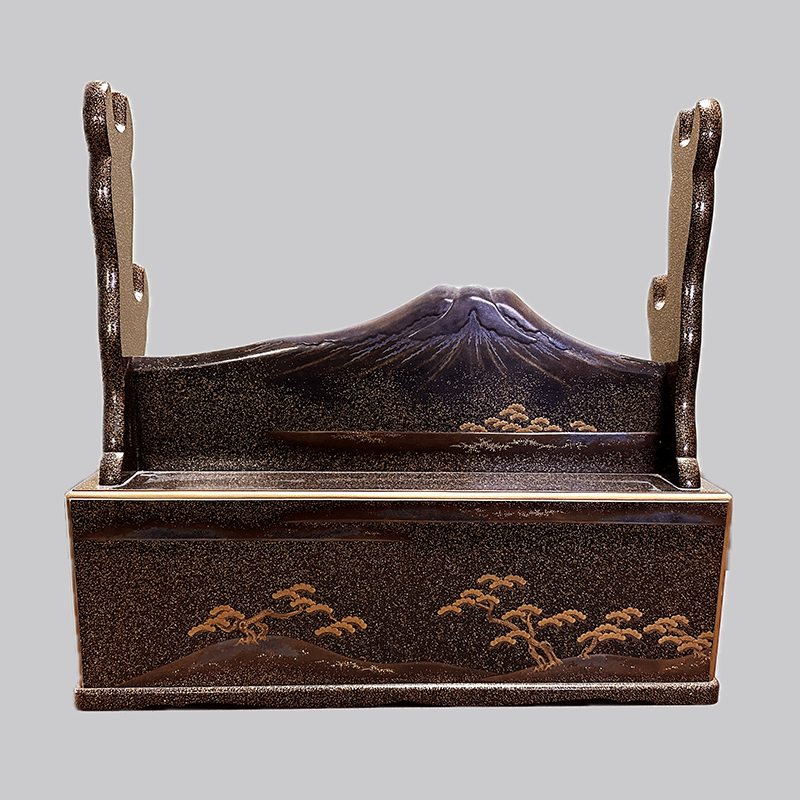 三保松原羽衣図蒔絵小箪笥付二本掛刀掛Sword rack with Mt. Fuji and