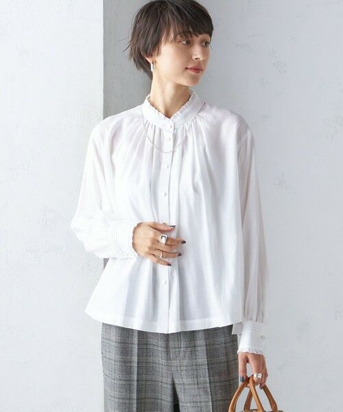 セール】 〈手洗い可能〉フリル ネック フロント ギャザー ブラウス