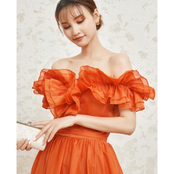 送料無料】オレンジフリルオフショルダードレス |ウェディングドレス