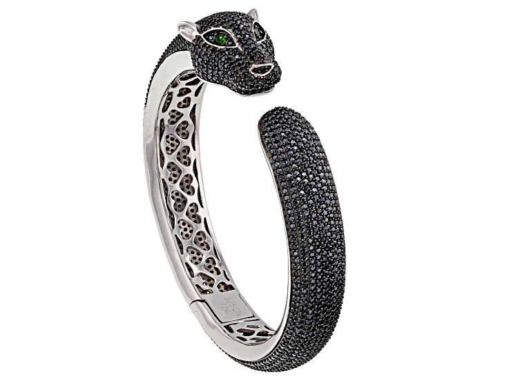 Black Spinel Rhodium Over Sterling Silver Panther Bangle Bracelet