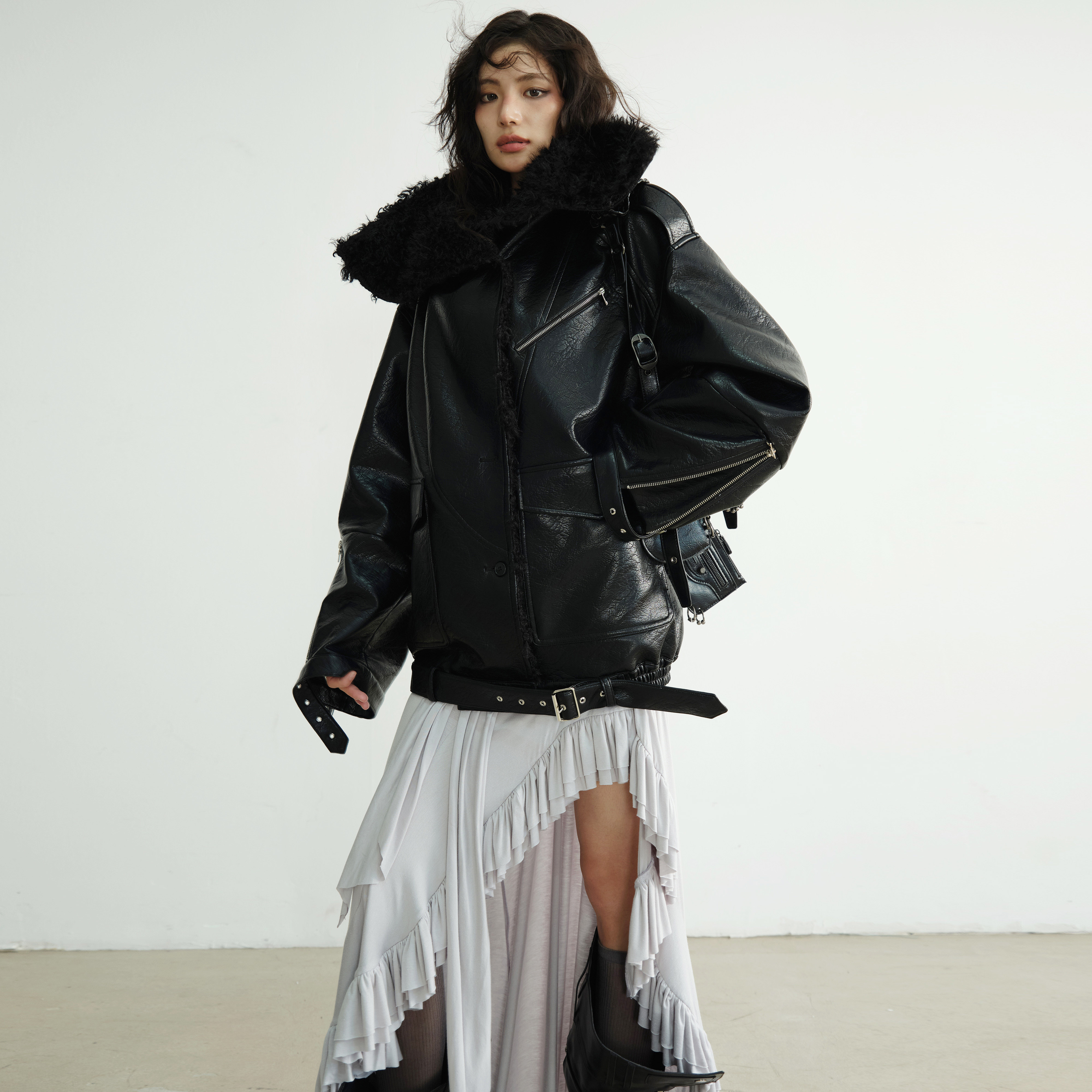 JNYLON-24AW ダーククール PUレザー オーバーシルエットジャケット