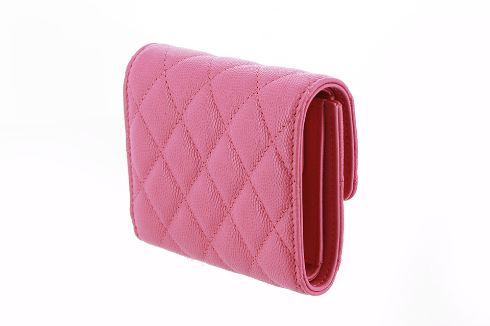 三つ折り財布 スモールウォレット キャビアスキン ピンク ゴールド金具