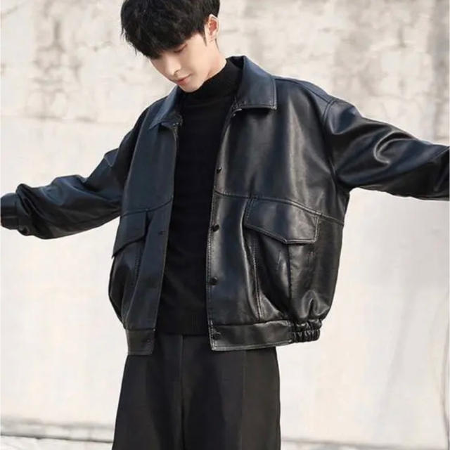 ボックスシルエット レザージャケット 韓国ファッション ライダース 黒