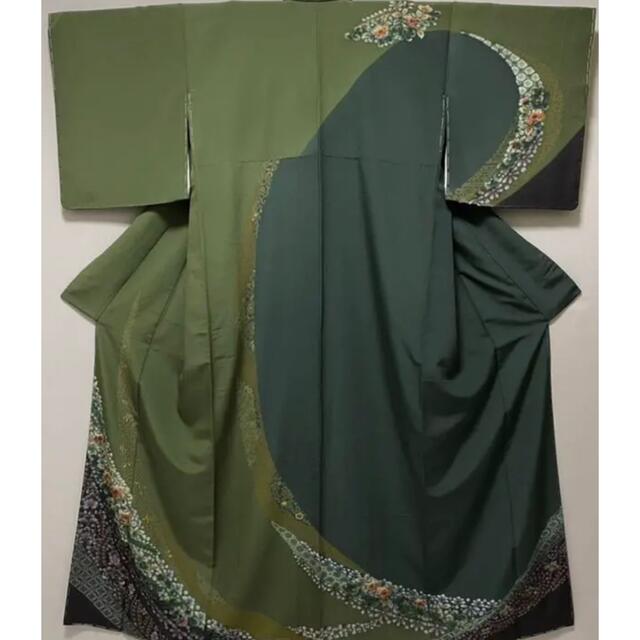 特選絞り染め訪問着❣️【辻ヶ花文様⭐️深緑色×抹茶色】グリーン