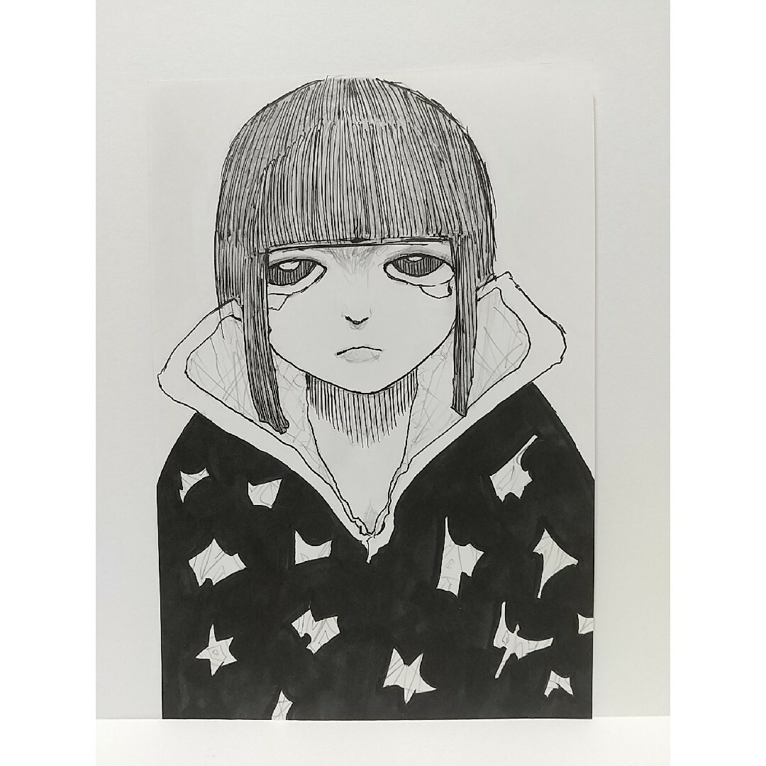 オリジナルイラスト 手描きイラスト 人 ハンドメイド 絵 モノクロ