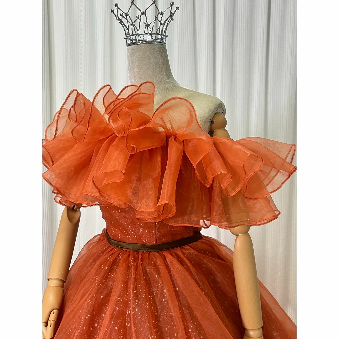カラードレス オレンジ キラキラチュール オフショルダー ベルト