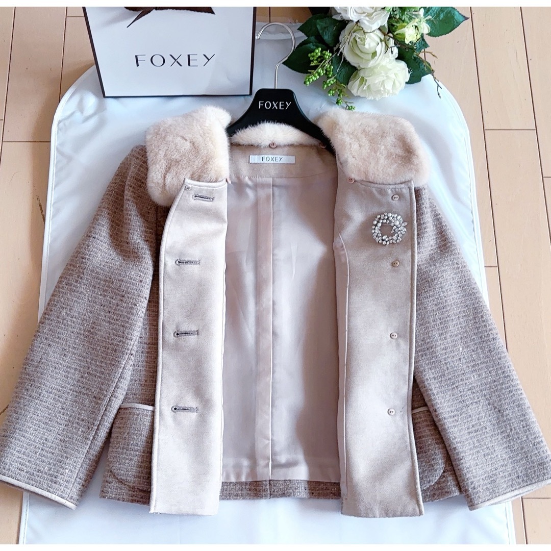 FOXEY - FOXEY ミンクファ衿付き高級ツイートスカートスーツ38新品同様
