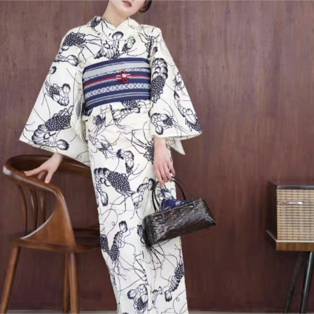 ニコアンティークオリジナル 国内染色 古典柄レトロ 伊勢海老 浴衣