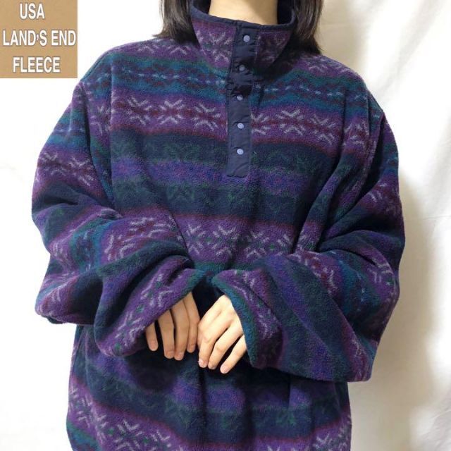 LANDS'END - USA製 ランズエンド 総柄フリース 90s 希少 ハーフボタン
