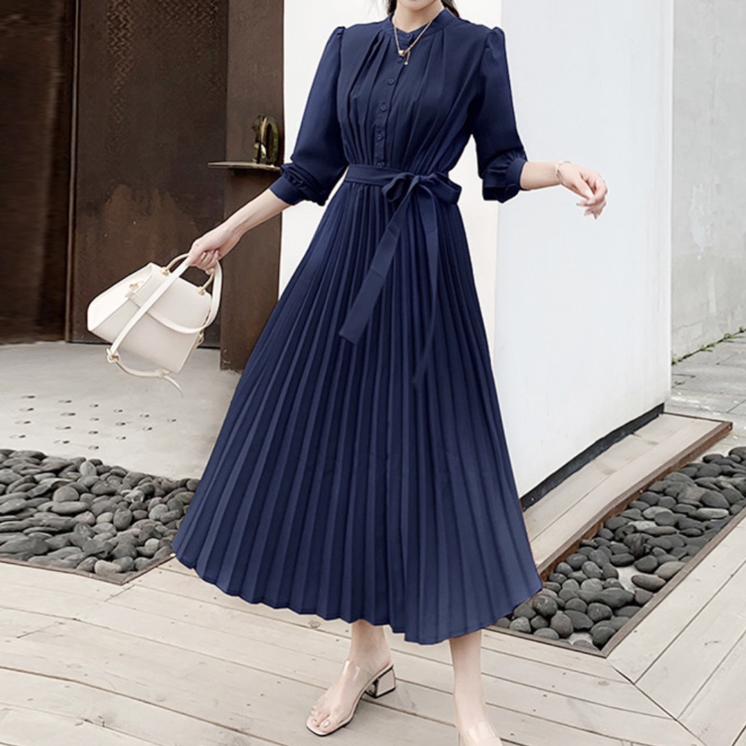 ネイビー 長袖プリーツワンピース リボン付き 食事会女子会同窓会にの