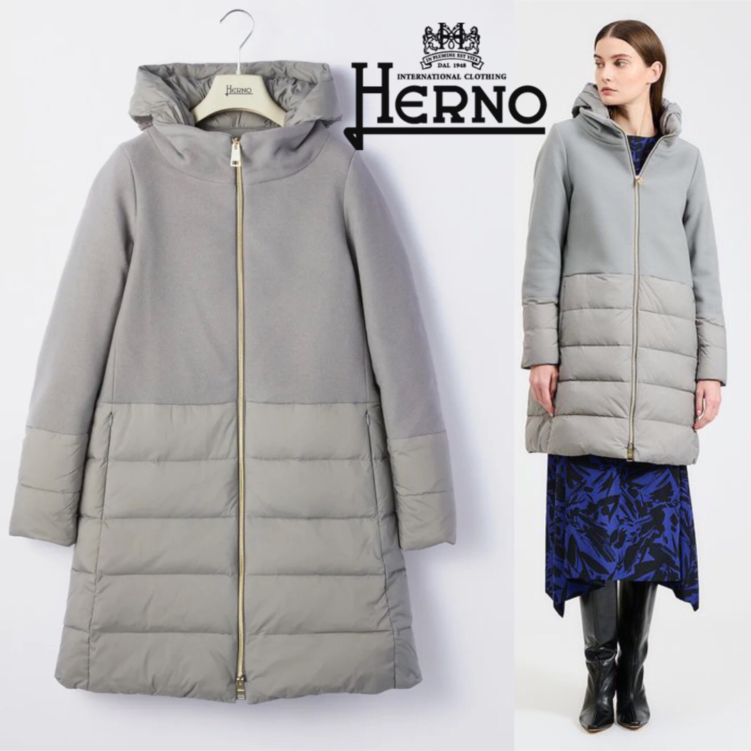 HERNO - HERNO ヘルノ ウール 異素材 MIX ダウン コート ライトグレー