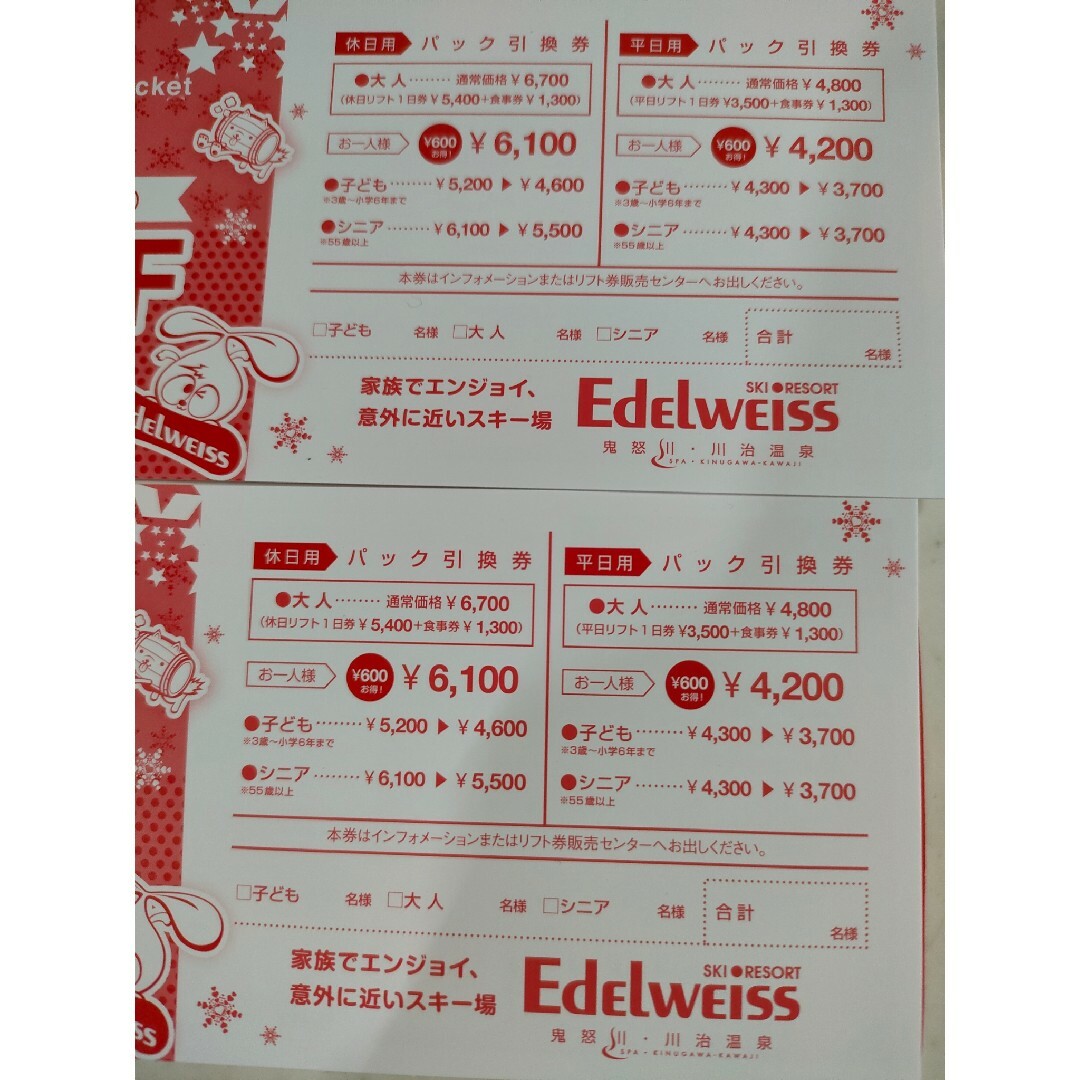 即日発送○エーデルワイススキー リフト券 食事券付 割引チケットの