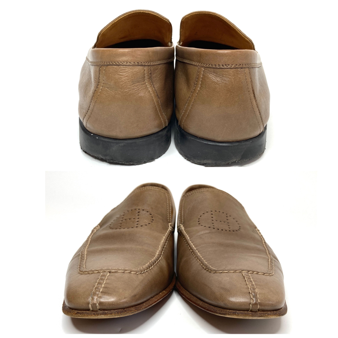 エルメスパンチングHロゴローファービジネスシューズブラウンベージュ靴