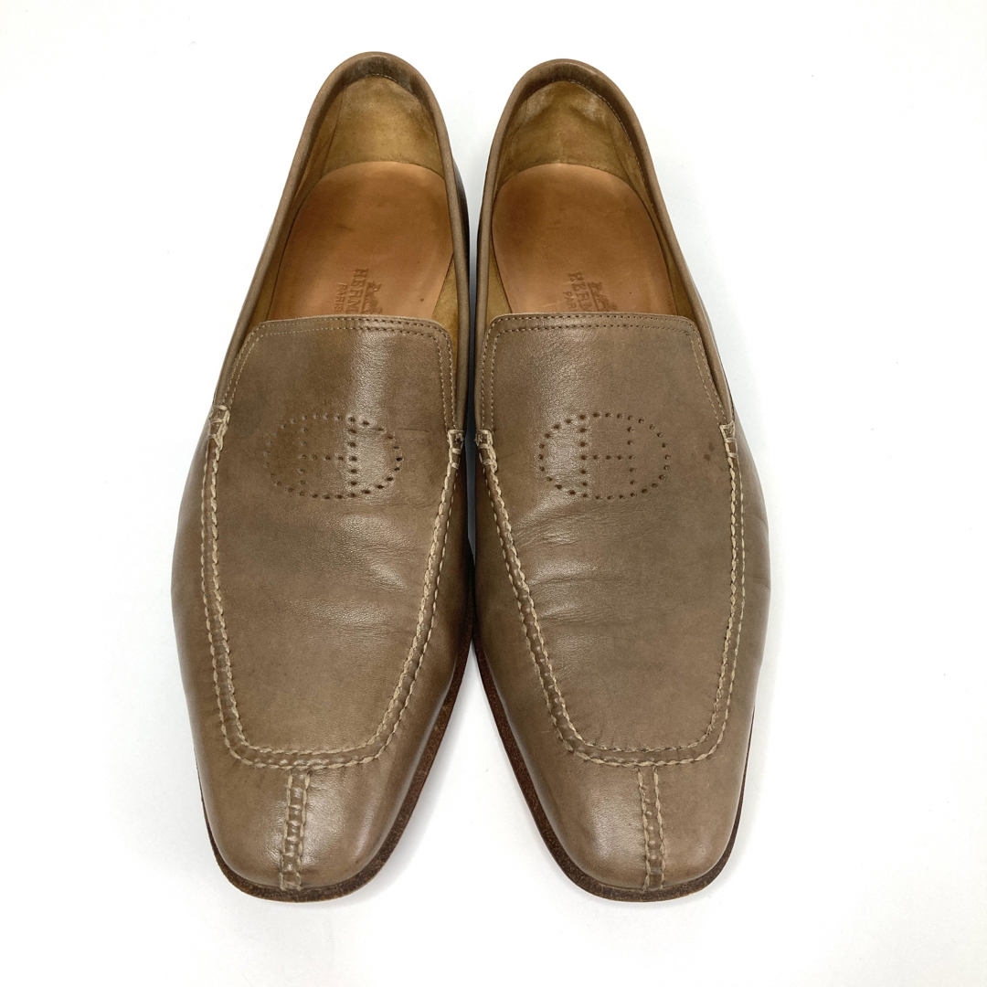 エルメスパンチングHロゴローファービジネスシューズブラウンベージュ靴