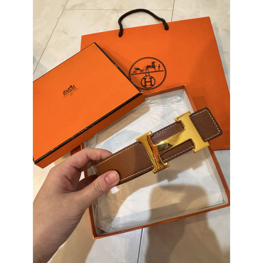 HERMES - エルメス ブラウンレザーベルト ゴールドバックルの通販 by