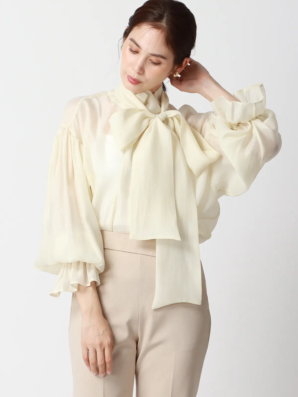 CHANTOWA／ボリュームスリーブシアーブラウス／ウォッシャブル