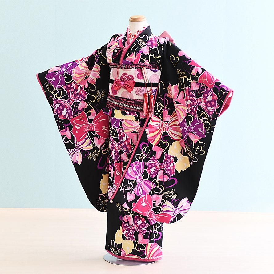 七歳女の子着物レンタル（070040）黒/リボン・ハート メゾピアノ