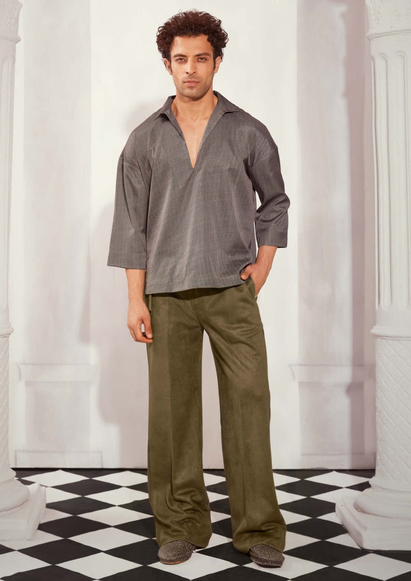 Nikita Mhaisalkar Men Olive Suede Baggy Trousers | Indiaspopup.com