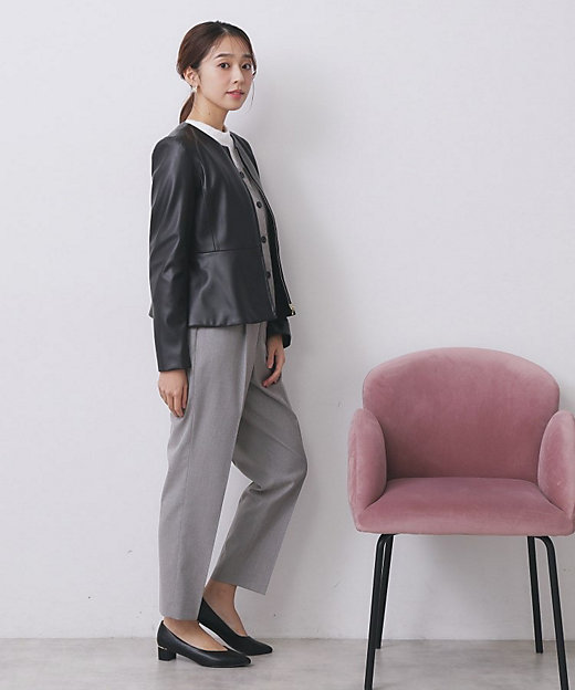 レザー調ストレッチペプラムジャケット【洗える