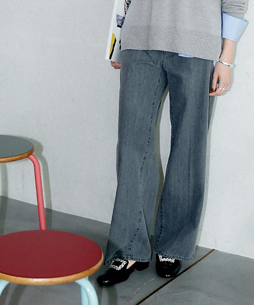 グレー／ブルー／ジーンズ】ソフトワイドデニムパンツ