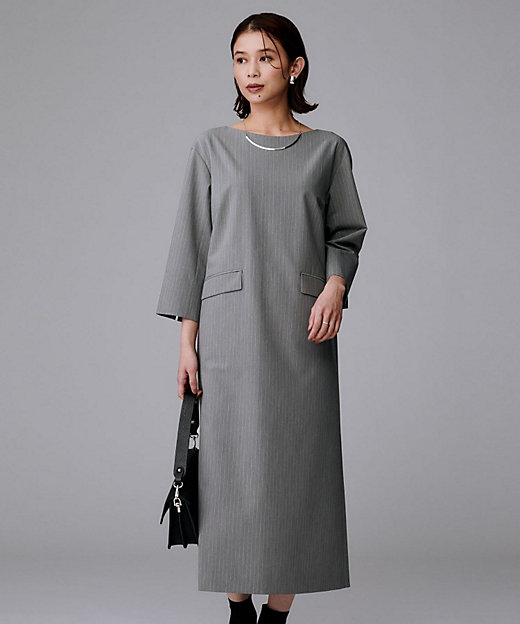 洗える／ストレッチ性】スーツライク ストライプワンピース