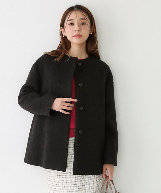 日本製／モヘヤ混／ヒップ丈】ノーカラーコート（2002551320