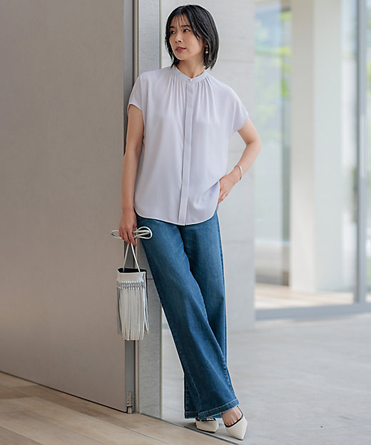 洗える】バックサテンアムンゼン パール釦 ブラウス