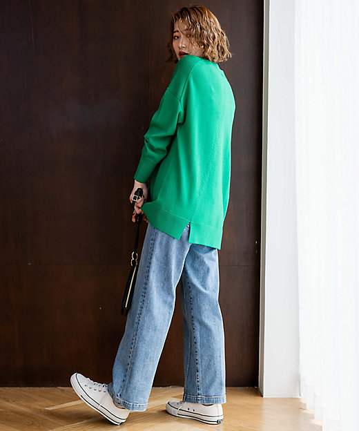 洗える】ウールミドルゲージ Vネック チュニック ニット