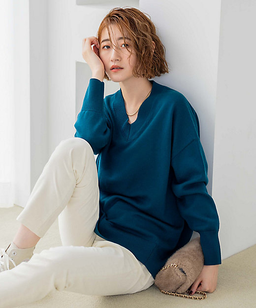 洗える】ウールミドルゲージ Vネック チュニック ニット