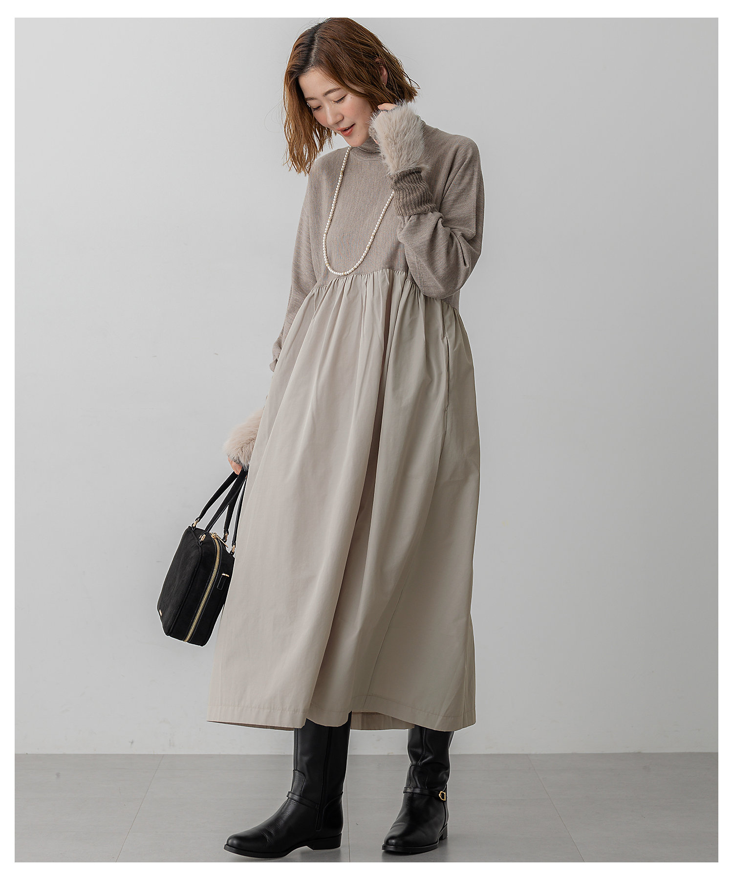 洗える】ギャザーコンビ ニットワンピース（OPWOGW0658