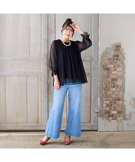 人気デザイン】【手洗いOK】リボン刺繍ワイドデニム