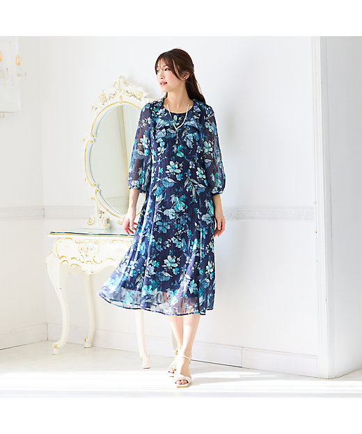 ラメストライプフラワープリントワンピース（51012602