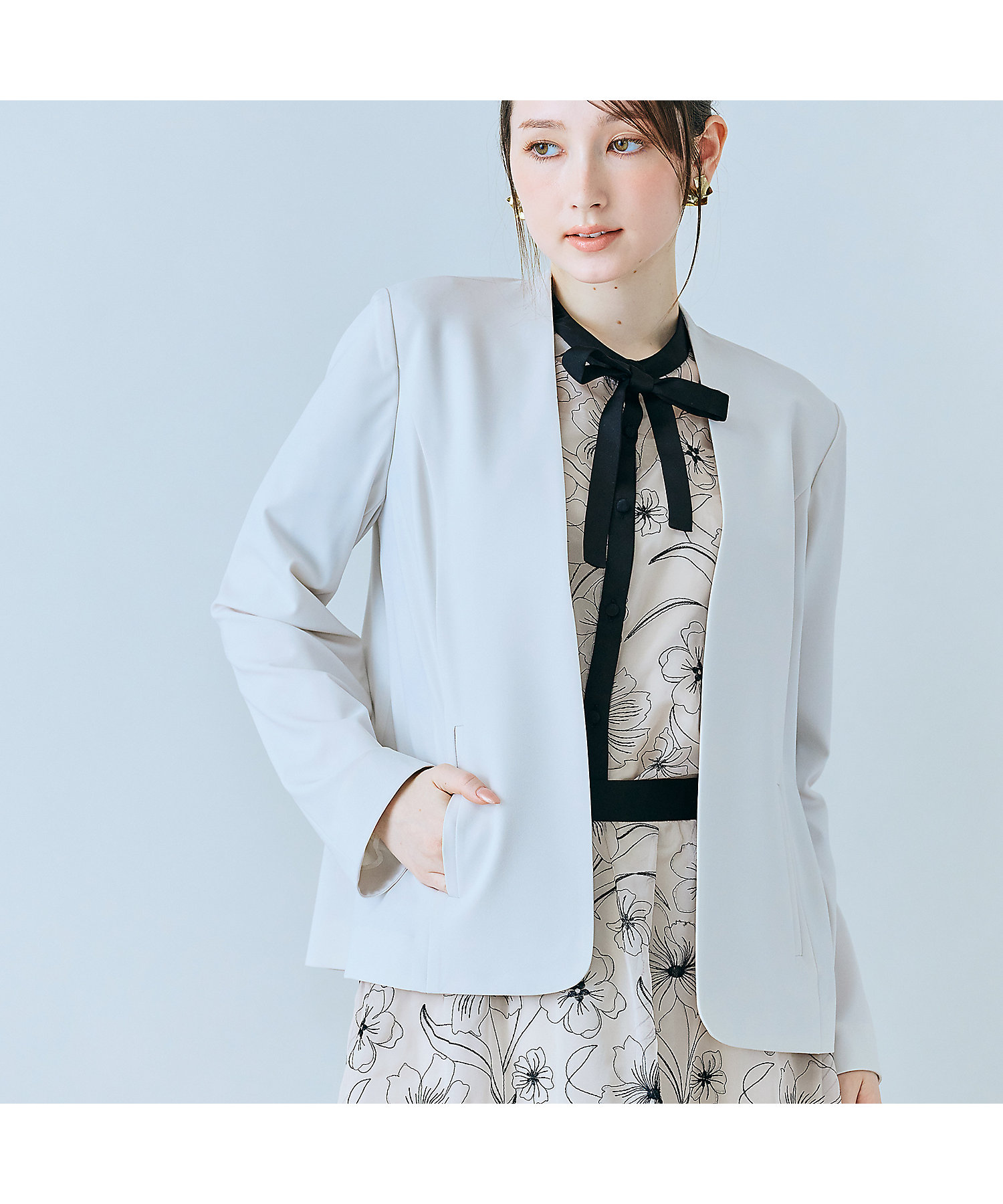 Rose Tiara パール付ノーカラージャケット 大きいサイズ 42 Rose Tiara