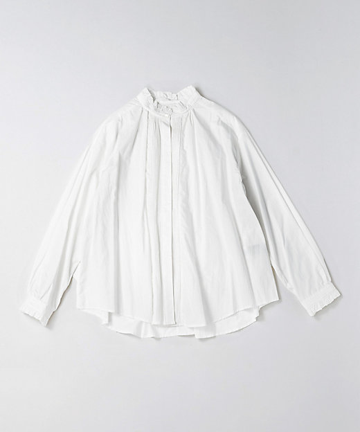 シェリー・E コットンの立ち襟ギャザーブラウス 白 1328053ー