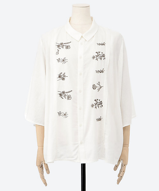 麻混シャンブレー単色アシンメトリー刺繍シャツブラウス