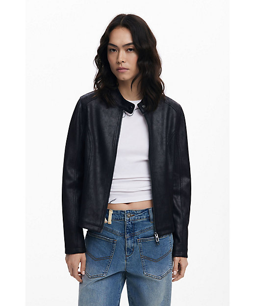 マオカラー ニット袖切り替え フェイクレザージャケット