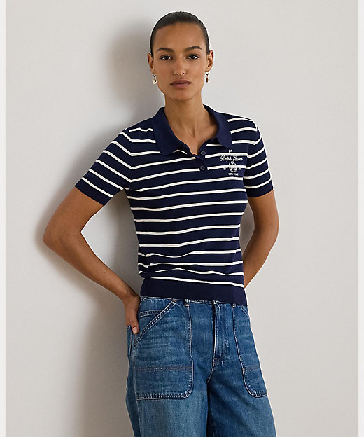 ストライプド コットンブレンド ポロ セーター