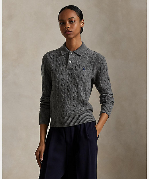 ケーブルニット ウールカシミヤ ポロ セーター